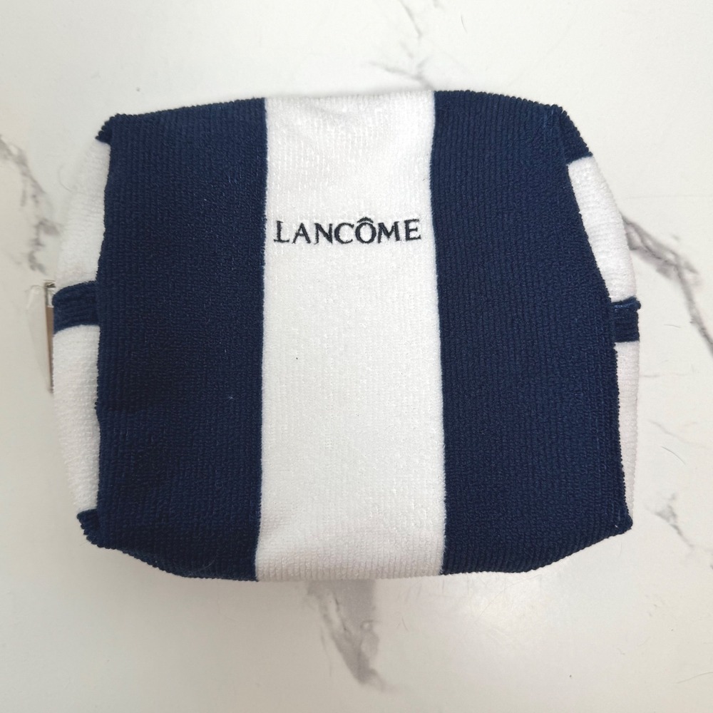 Lancome Terry Cloth Cosmetic Bag Blue White Striped‎ Makeup Pouch